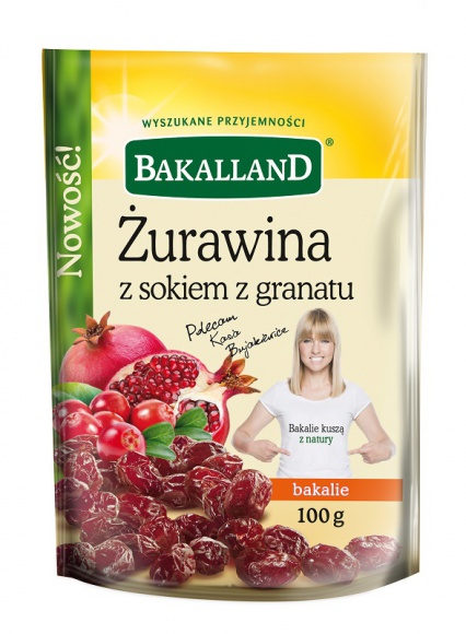 Żurawina z sokiem z granatu Najlepszym Produktem 2016 BIZNES, Konsument - Żurawina z sokiem z granatu Bakalland otrzymała Złoty Medal oraz tytuł Najlepszy Produkt 2016 – Wybór Konsumentów w kategorii Przekąski.