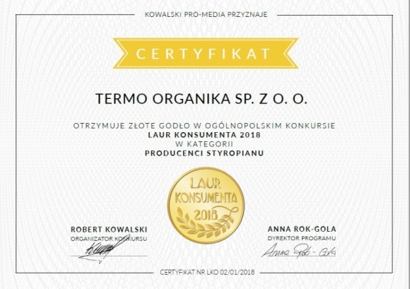 Konsumenci wybierają Termo Organikę! BIZNES, Konsument - Termo Organika otrzymała „Złoty Laur Konsumenta 2018” w kategoriach „Materiały termoizolacyjne” oraz „Producent styropianu”. Prestiżowy plebiscyt wyłonił najlepszych producentów „Systemów Ociepleń”, w której Termo Organika zdobyła „Srebrny Laur Konsumenta”.