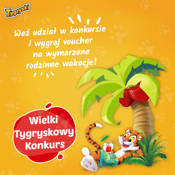 Tygryski chrupią bardziej. Wielki Tygryskowy konkurs wakacyjny BIZNES, Konsument - Marka Tygryski zorganizowała Wielki Tygryskowy konkurs wakacyjny. Zadaniem uczestników jest przygotowanie zdjęcia lub filmu pt. „Tygryski chrupią bardziej”. Nagroda główna to voucher turystyczny o wartości 10 000 zł.